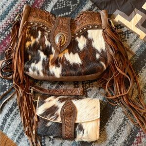 Rustic Brown and White Leather Crossbody Bag with Fringe